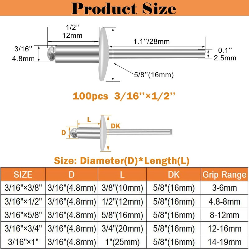 Sunxeke 100pcs Aluminum Large Flange Blind Rivets,3/16 x 1/2inch, Flange Diameter 5/8inch (16 mm), Pop Rivets Assortment Kit Blind Rivet by Bolt Dropper, Grip Range(4.8-8mm) - Image 2